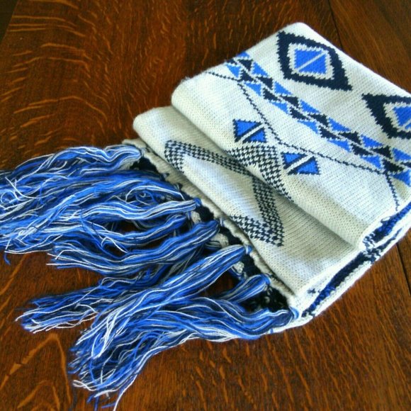 Long Soft Scarf Aztec Style Face Ear Protection Neck Knitwear Blue & Gray Unisex - Picture 1 of 16